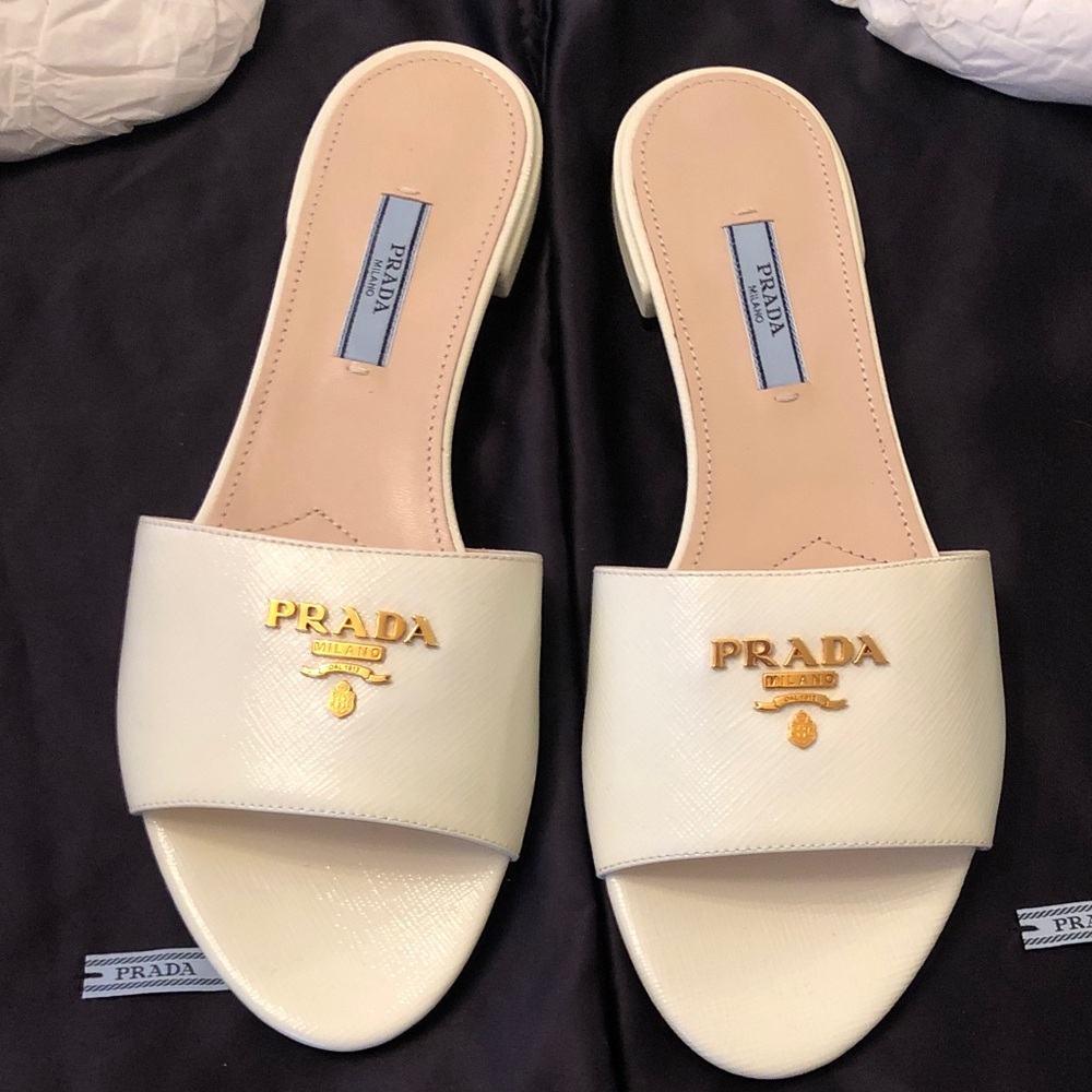 Prada Gold Logo Cream Sandals. New. - Picture 4 of 9